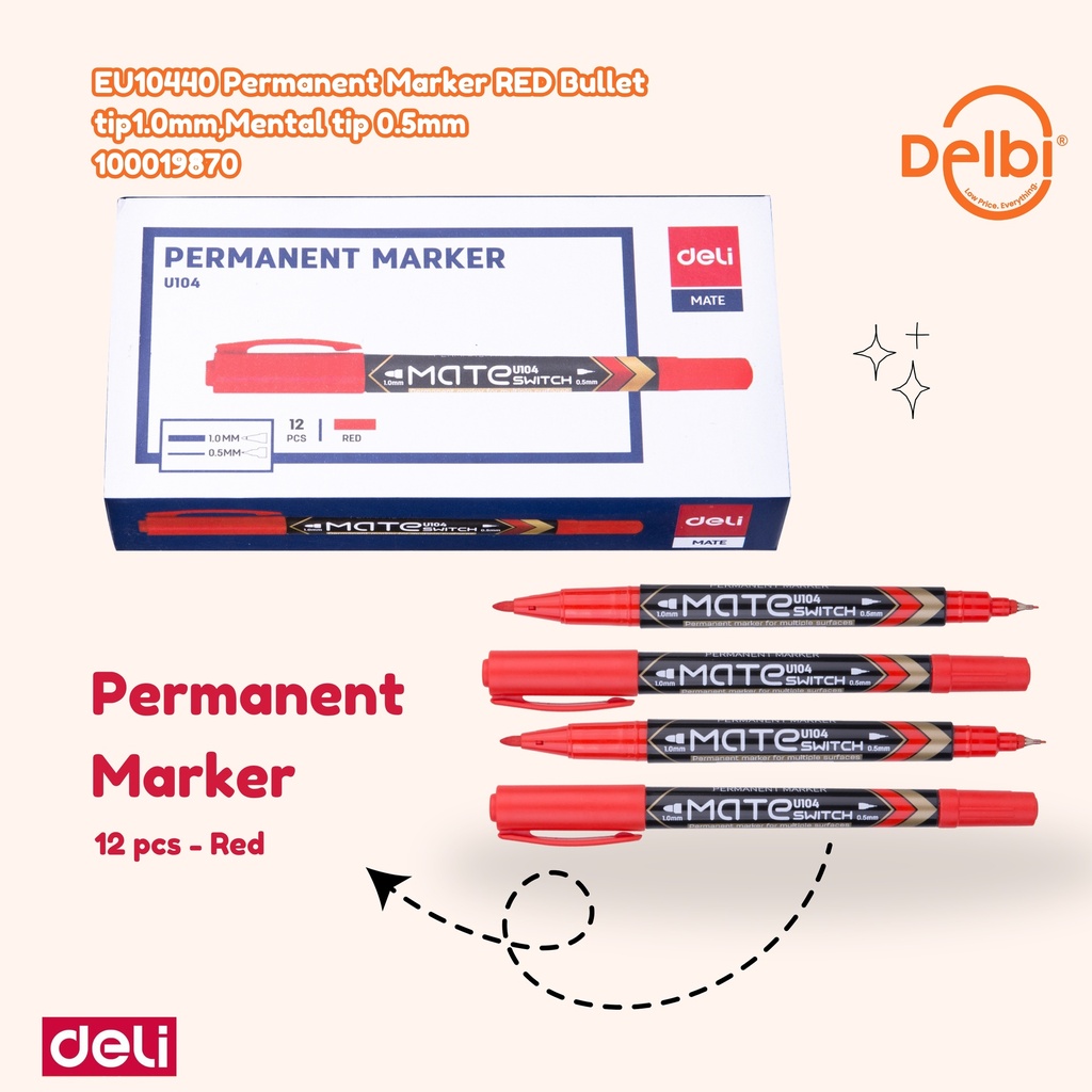 [100019870] DELI EU10440 Permanent Marker RED Bullet tip1.0mm,Mental tip 0.5mm SPIDOL BX2 BX12 BX144 BX1728