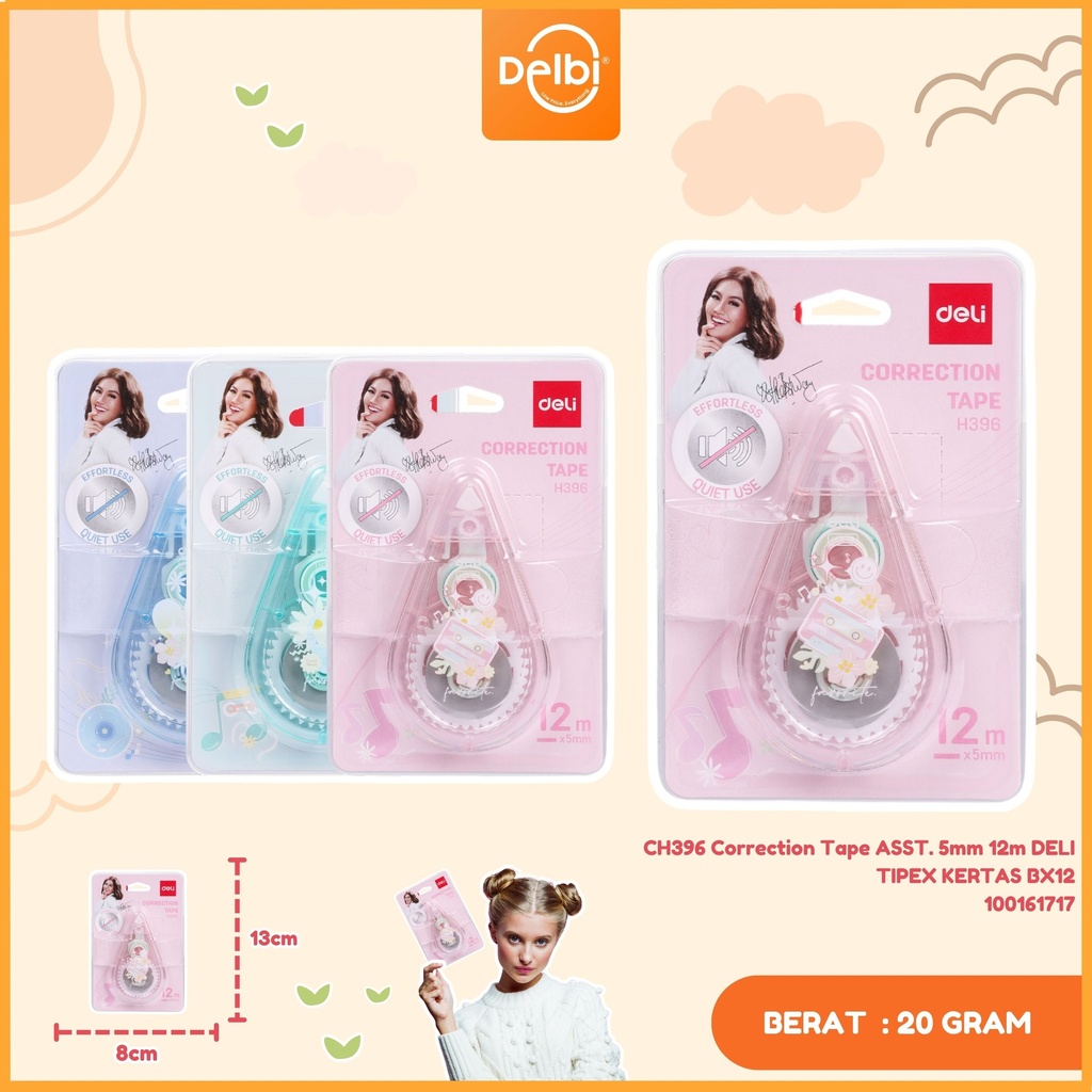 CH396 Correction Tape ASST. 5mm 12m DELI TIPEX KERTAS BX12