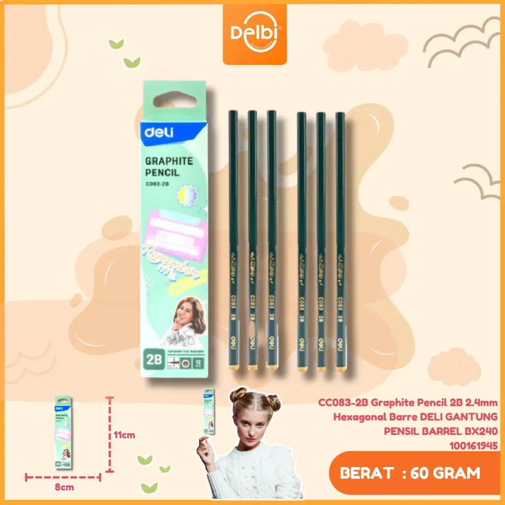 CC083-2B Graphite Pencil 2B 2.4mm Hexagonal Barre DELI GANTUNG PENSIL BARREL BX240