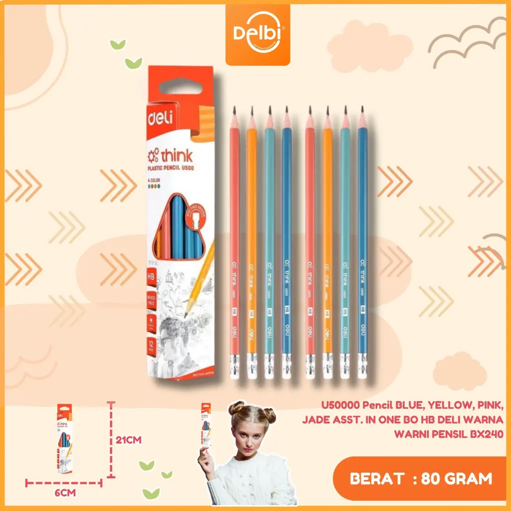 U50000 Pencil BLUE, YELLOW, PINK, JADE ASST. IN ONE BO HB DELI WARNA WARNI PENSIL BX240