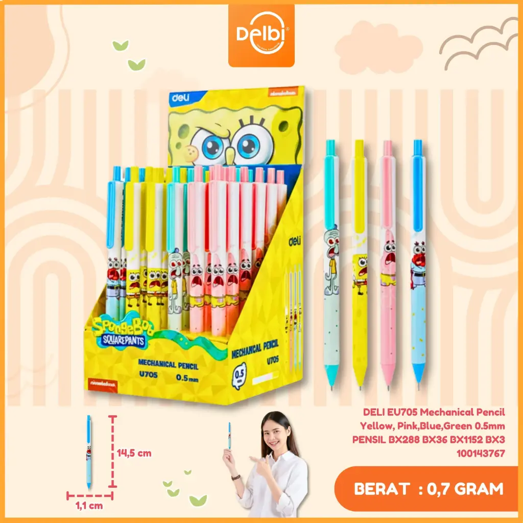 DELI EU705 Mechanical Pencil Yellow, Pink,Blue,Green 0.5mm PENSIL BX288 BX36 BX1152 BX3
