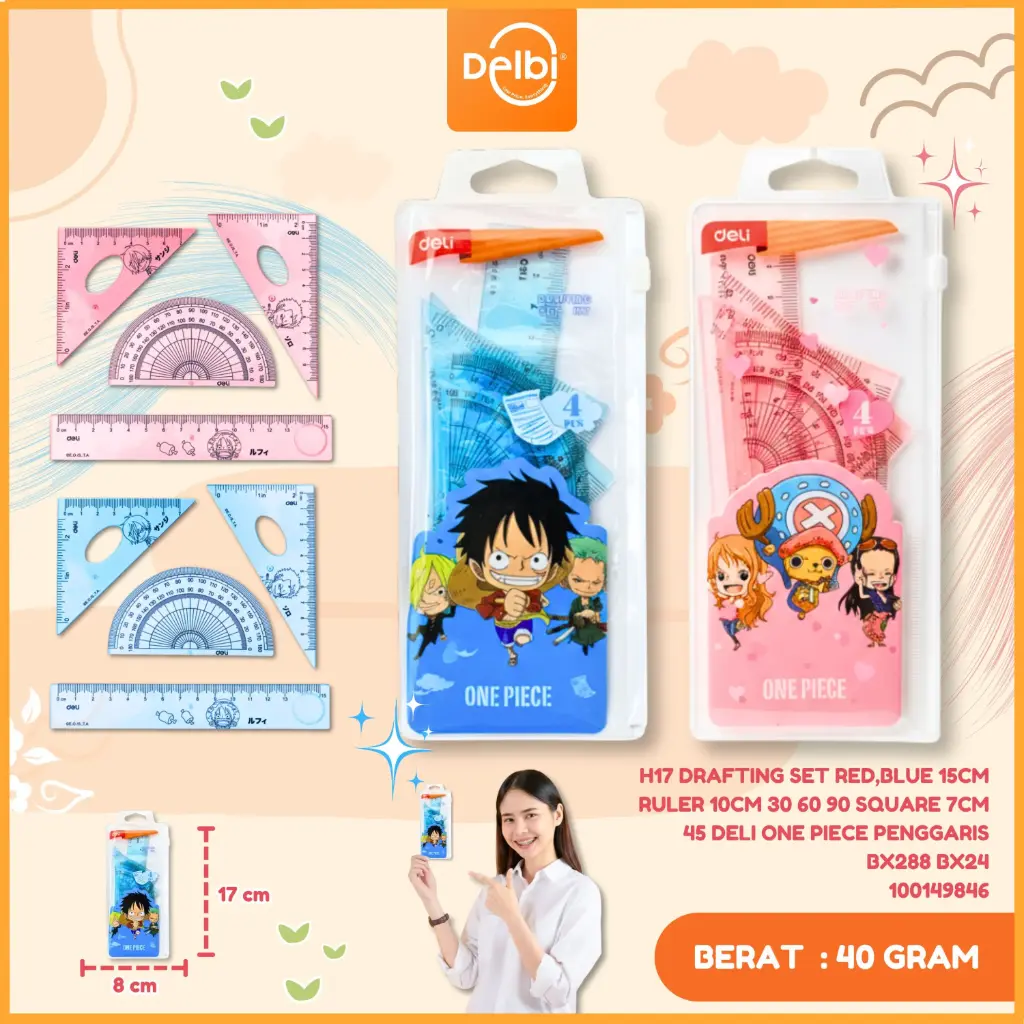 H17 Drafting Set RED,BLUE 15cm Ruler 10cm 30 60 90 square 7cm 45 DELI ONE PIECE PENGGARIS BX288 BX24