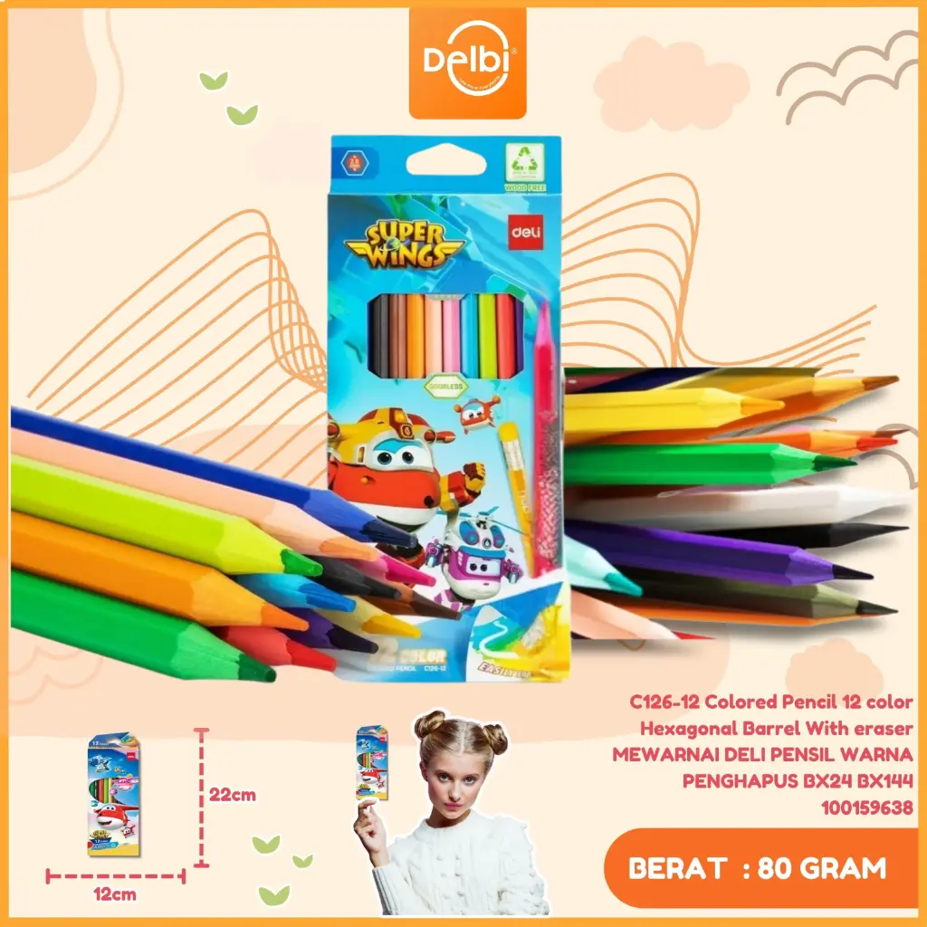 C126-12 Colored Pencil 12 color Hexagonal Barrel With eraser MEWARNAI DELI PENSIL WARNA PENGHAPUS BX24 BX144