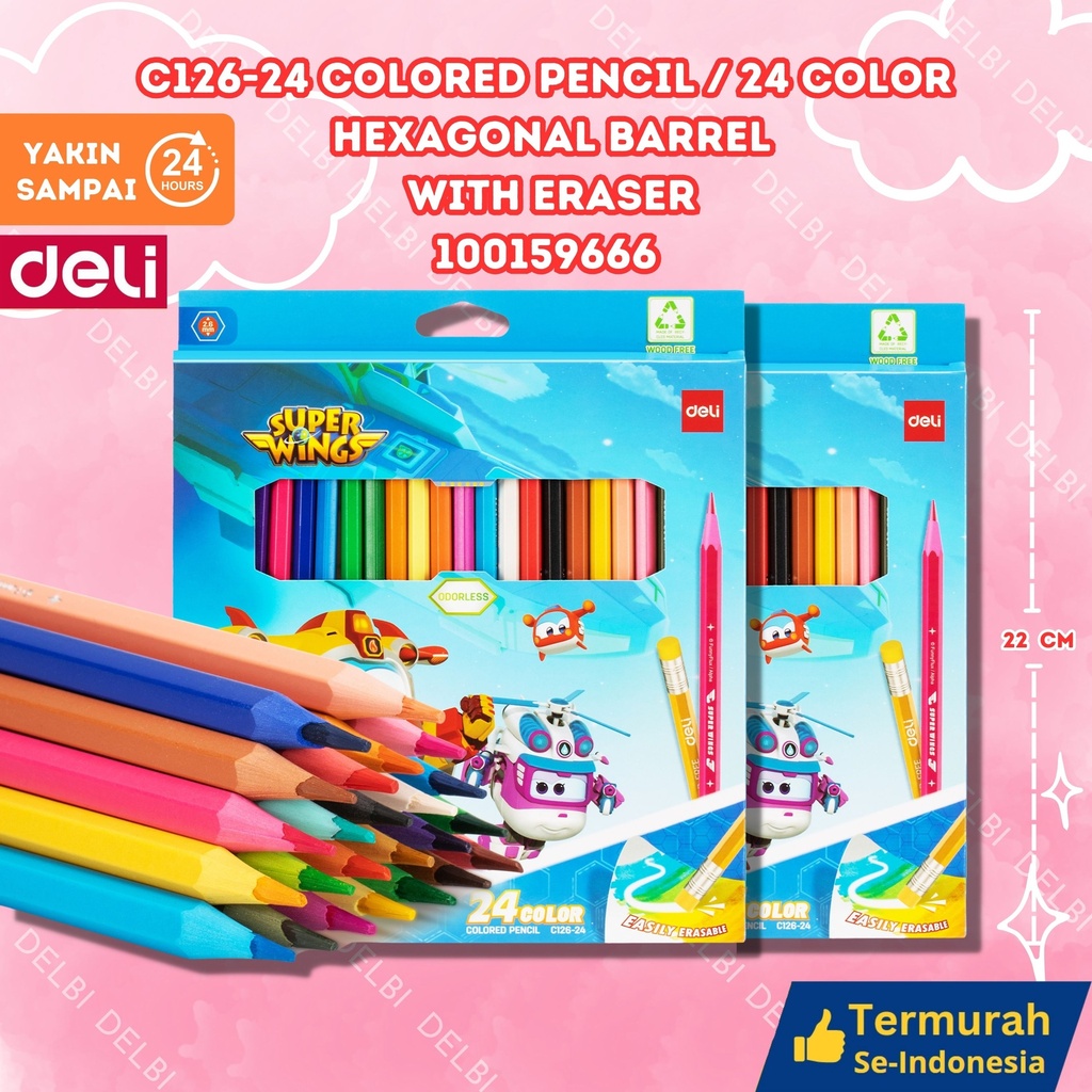 C126-24 Colored Pencil 24 color Hexagonal Barrel With eraser DELI PENSIL WARNA PENGHAPUS BX12 BX96