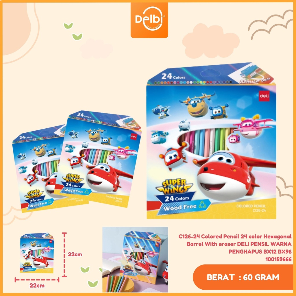 C126-24 Colored Pencil 24 color Hexagonal Barrel With eraser DELI PENSIL WARNA PENGHAPUS BX12 BX96