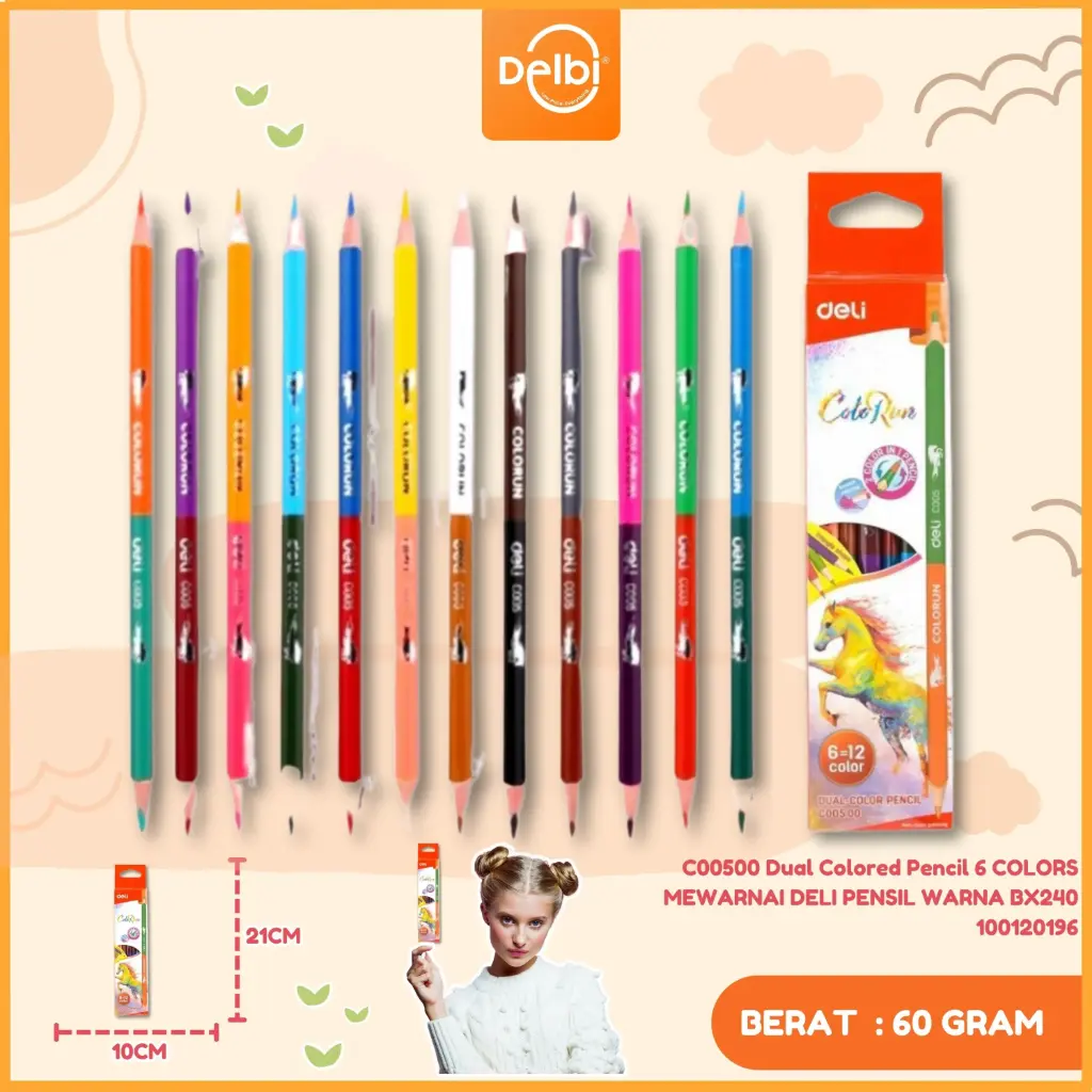 C00500 Dual Colored Pencil 6 COLORS MEWARNAI DELI PENSIL WARNA BX240
