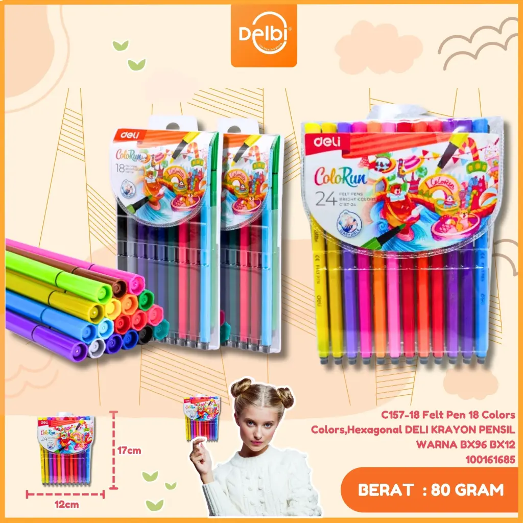 C157-18 Felt Pen 18 Colors Colors,Hexagonal DELI KRAYON PENSIL WARNA BX96 BX12