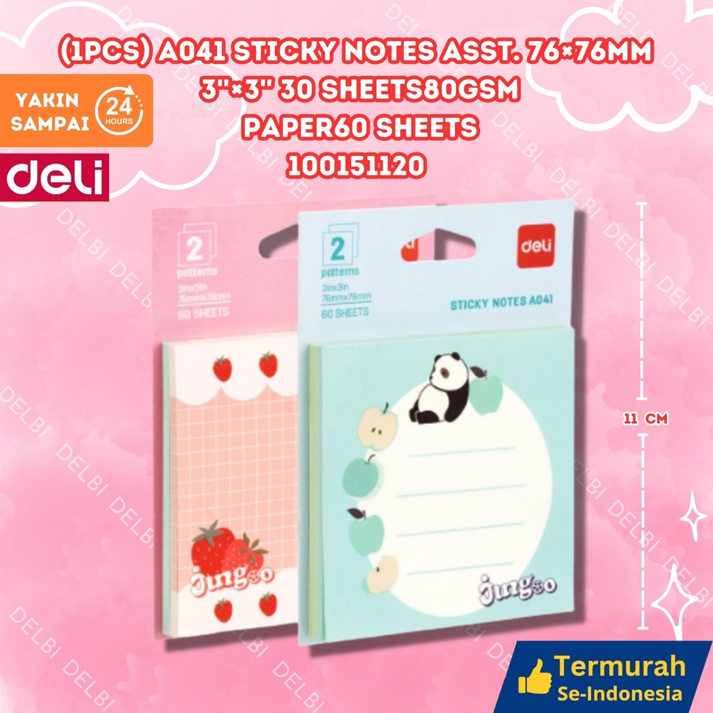 DELI (1pcs) A041 Sticky Notes Asst. 76x76mm 3x3 30 sheets 80gsm paper 60 BX144 BX12