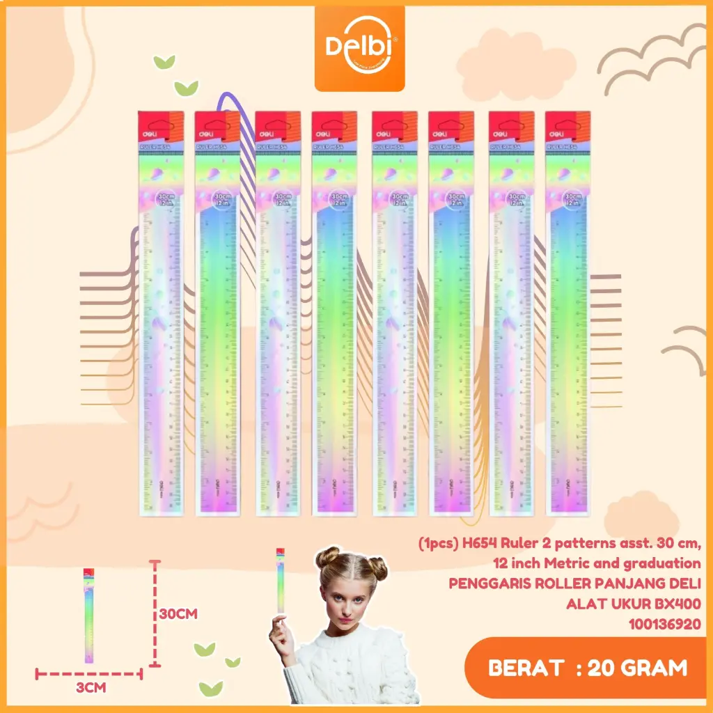 (1pcs) H654 Ruler 2 patterns asst. 30 cm, 12 inch Metric and graduation PENGGARIS ROLLER PANJANG DELI ALAT UKUR BX400