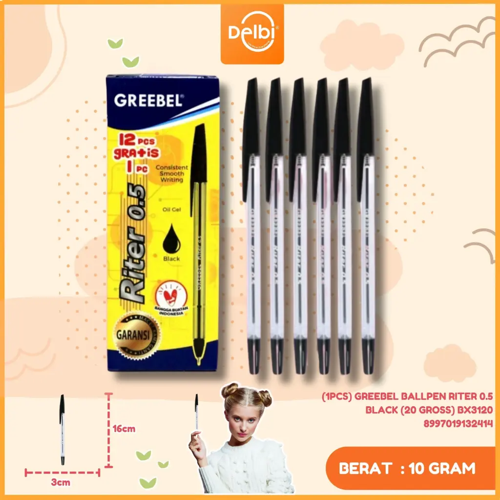 [8997019132414] (1PCS) GREEBEL BALLPEN RITER 0.5 BLACK (20 GROSS) BX3120