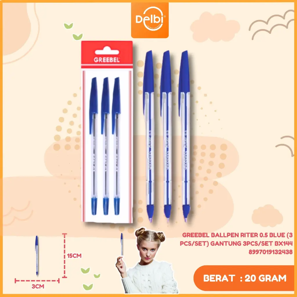 GREEBEL BALLPEN RITER 0.5 BLUE (3 PCS/SET) GANTUNG 3PCS/SET BX144