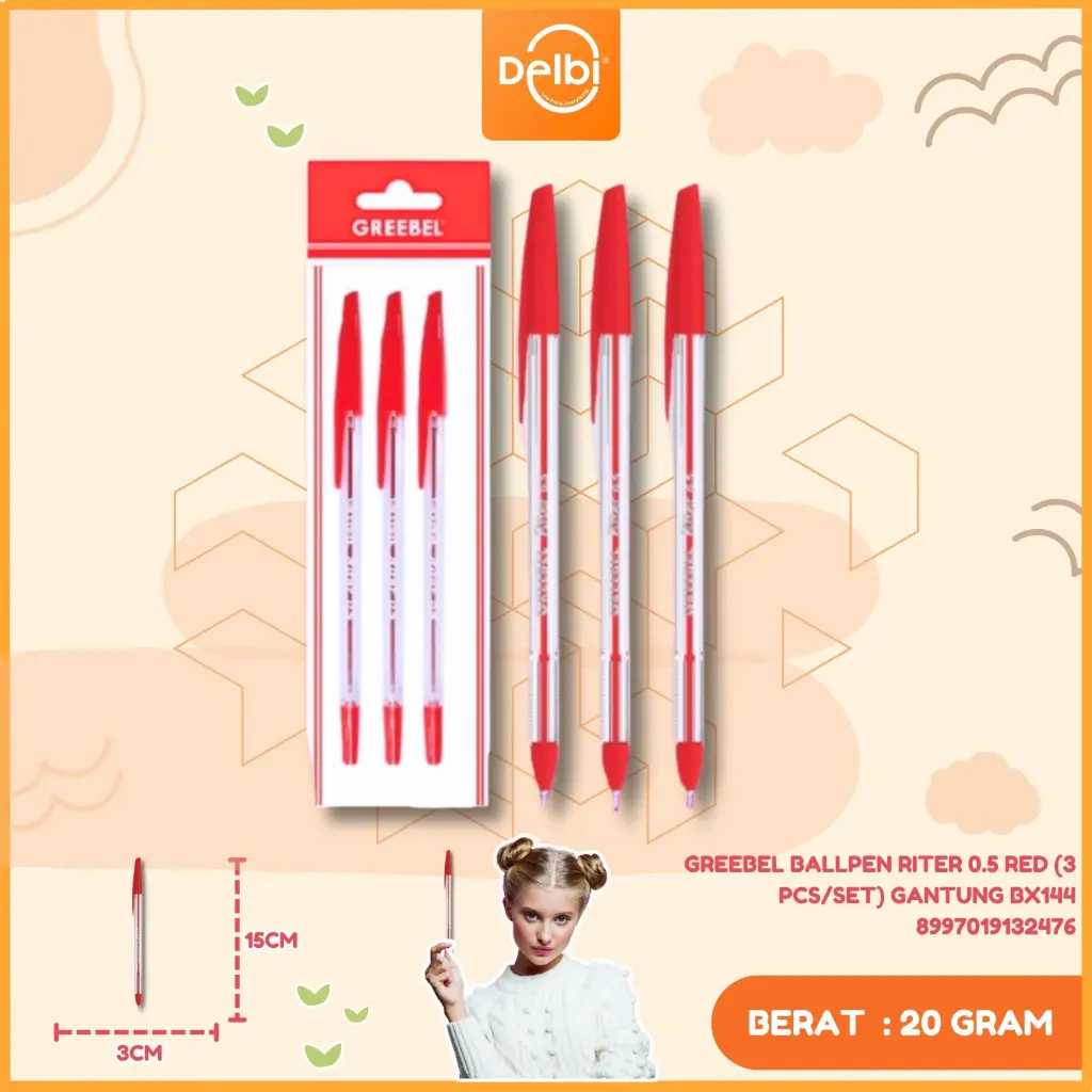 GREEBEL BALLPEN RITER 0.5 RED (3 PCS/SET) GANTUNG BX144