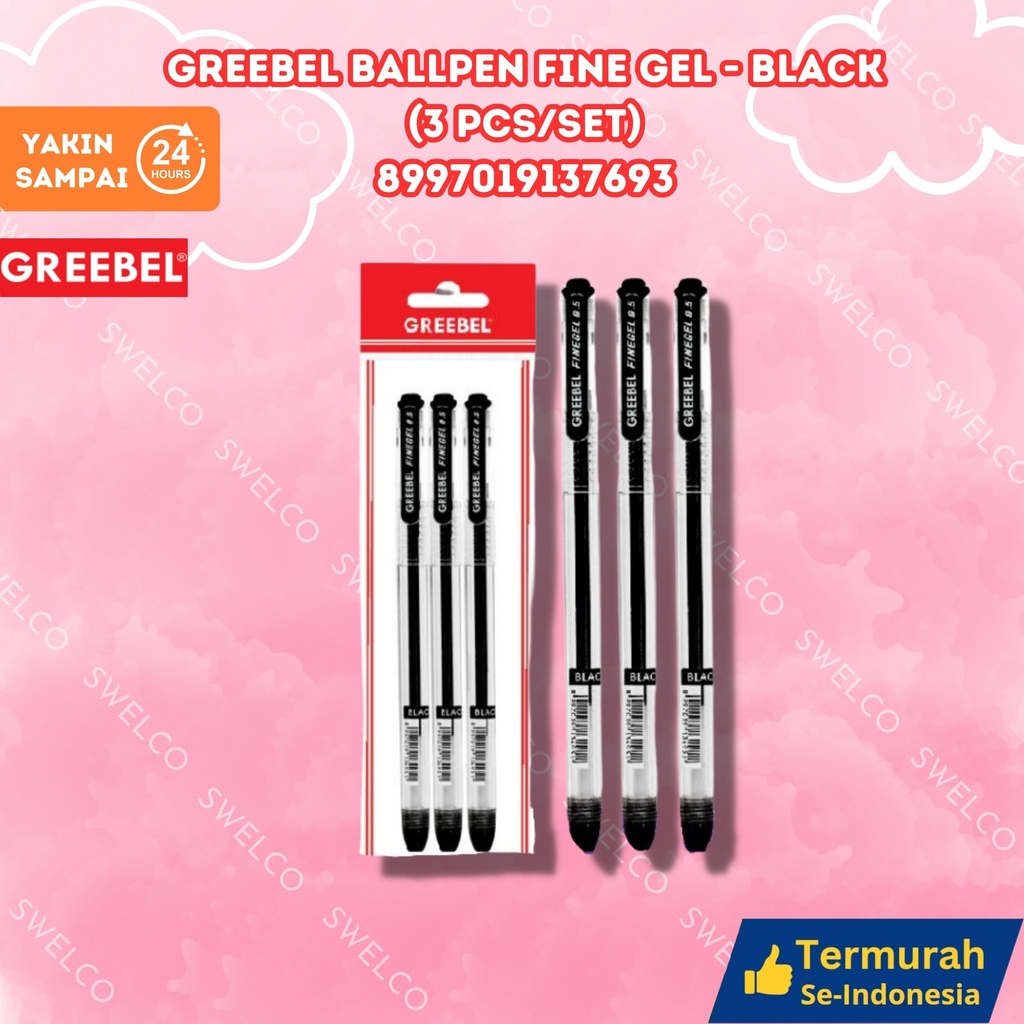 GREEBEL BALLPEN FINE GEL BLACK (3 PCS/SET) TINTA ISI 3 GANTUNG HITAM BX144