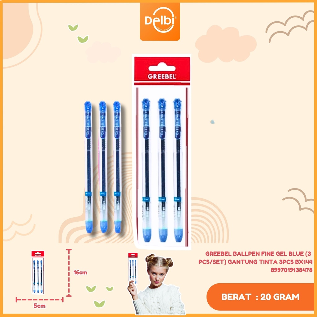GREEBEL BALLPEN FINE GEL BLUE (3 PCS/SET) GANTUNG TINTA 3PCS BX144