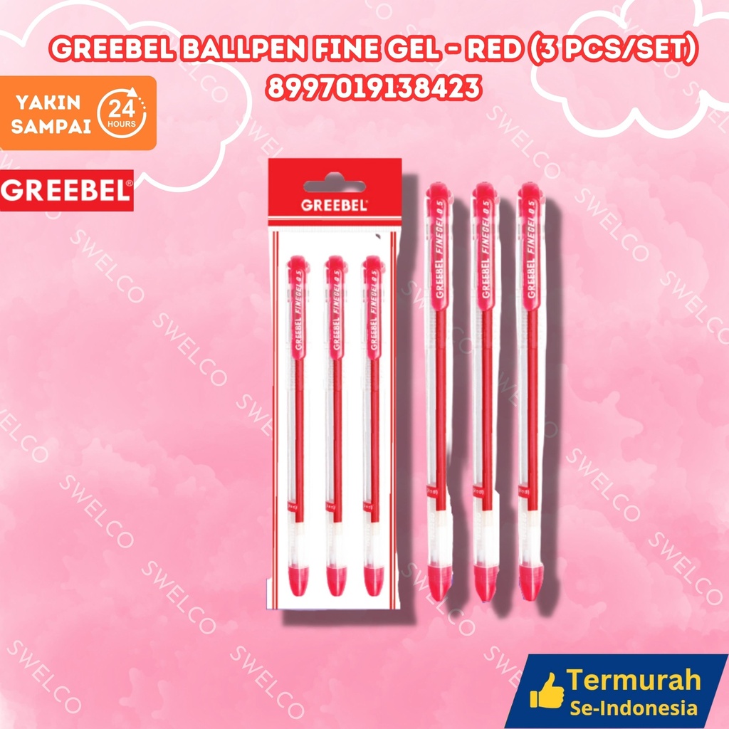 GREEBEL BALLPEN FINE GEL RED (3 PCS/SET) TINTA ISI 3 GANTUNG MERAH BX144