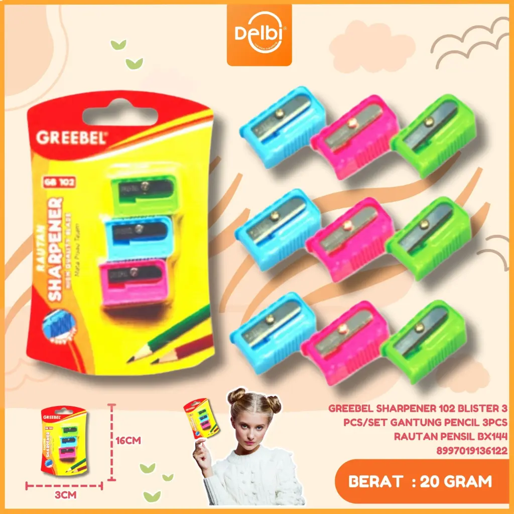 GREEBEL SHARPENER 102 BLISTER 3 PCS/SET GANTUNG PENCIL 3PCS RAUTAN PENSIL BX144