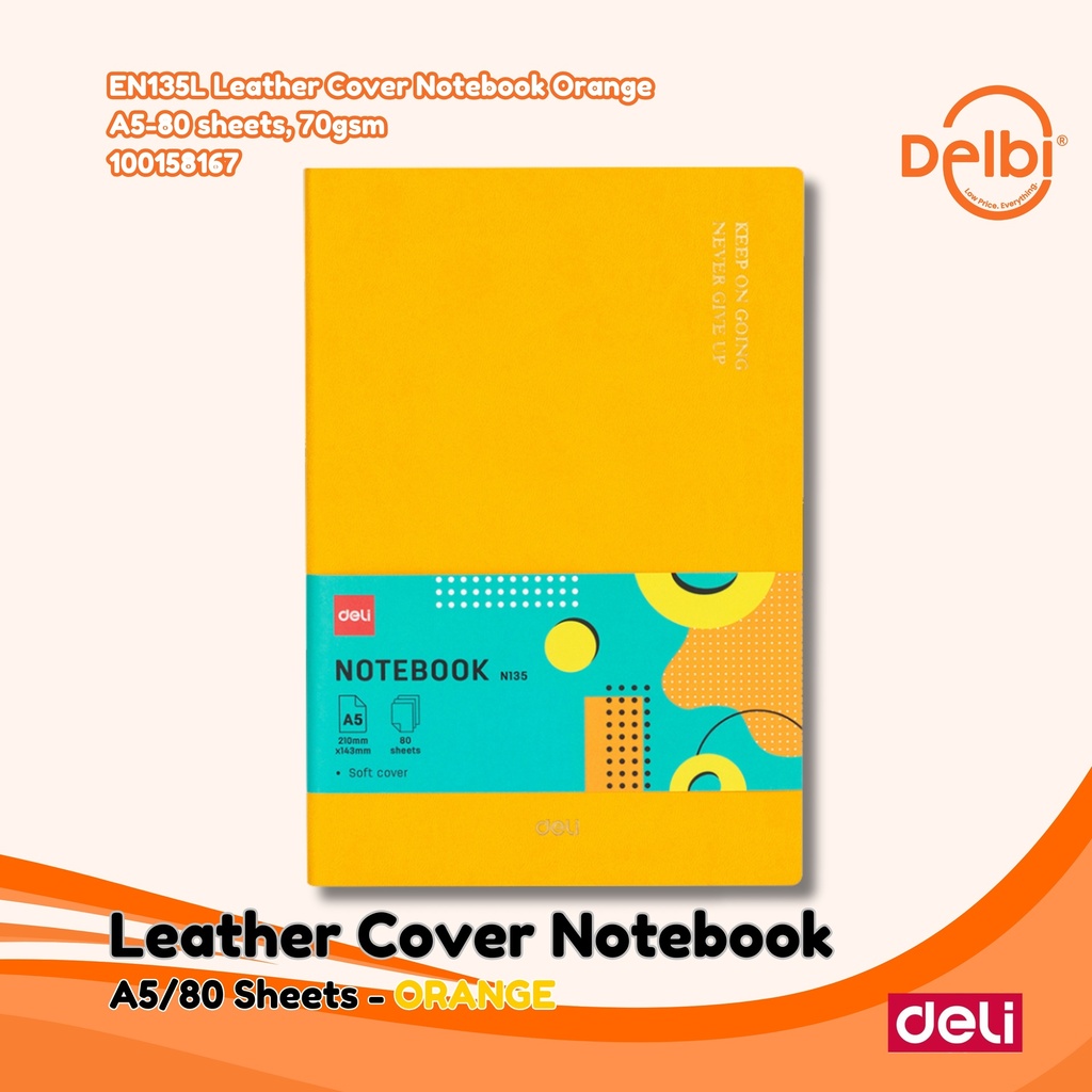 DELI EN135L Leather Cover Notebook Orange A5-80 sheets, 70gsm BUKU BX36