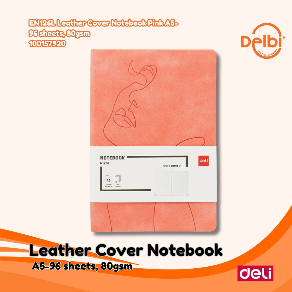 DELI EN126L Leather Cover Notebook Pink A5-96 sheets, 80gsm BUKU BX16 BX64
