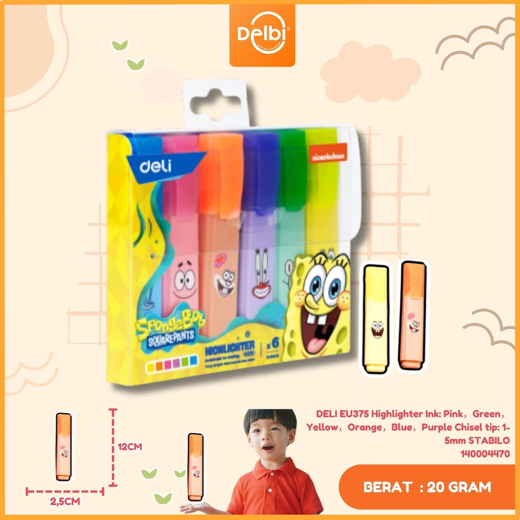 DELI EU375 Highlighter Ink: Pink，Green，Yellow，Orange，Blue，Purple Chisel tip: 1-5mm STABILO