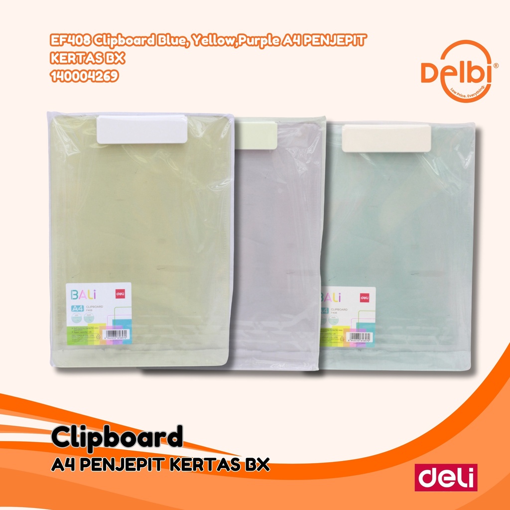 [140004269] DELI EF408 Clipboard Blue, Yellow,Purple A4 PENJEPIT KERTAS BX20