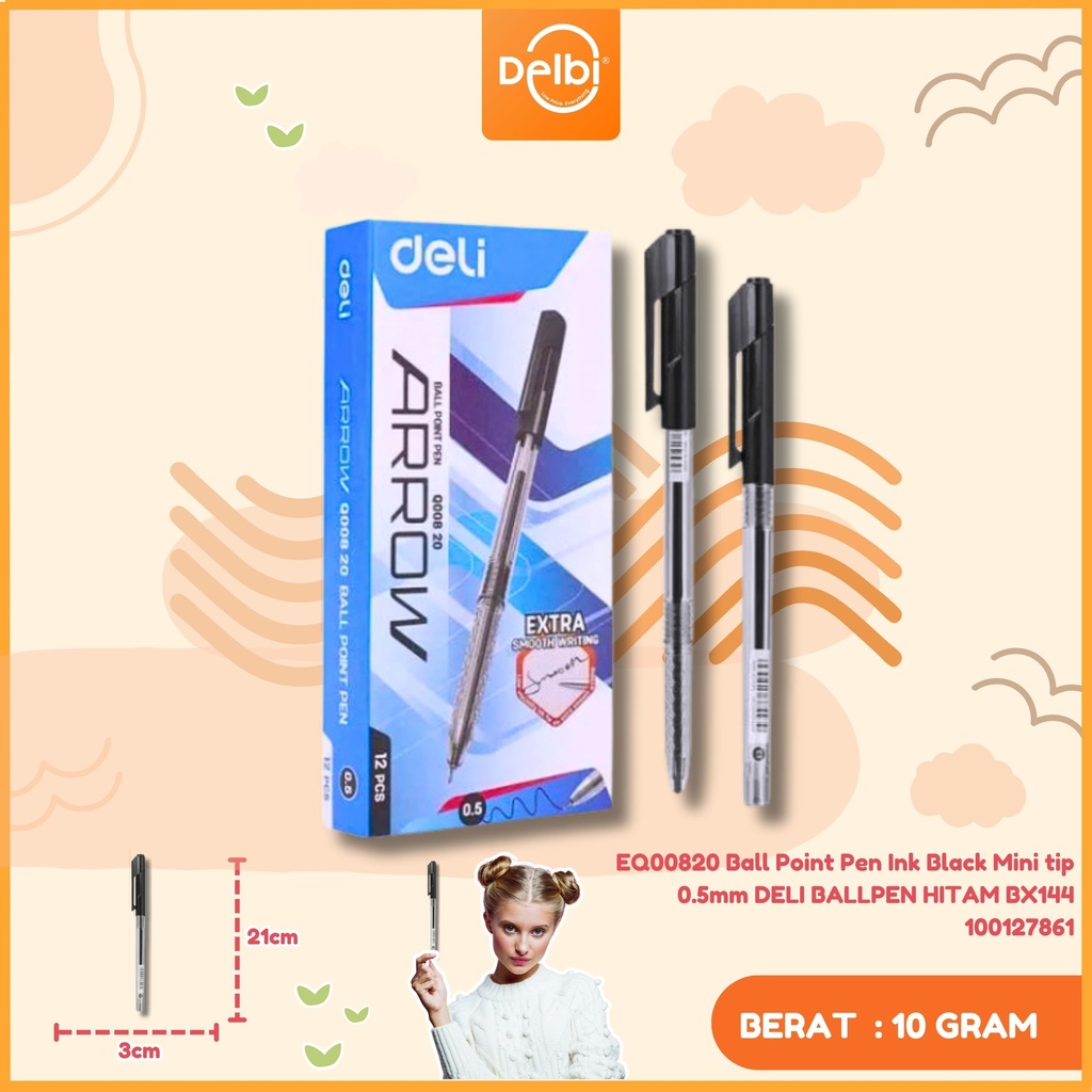 [100127861] EQ00820 Ball Point Pen Ink Black Mini tip 0.5mm DELI BALLPEN HITAM BX144