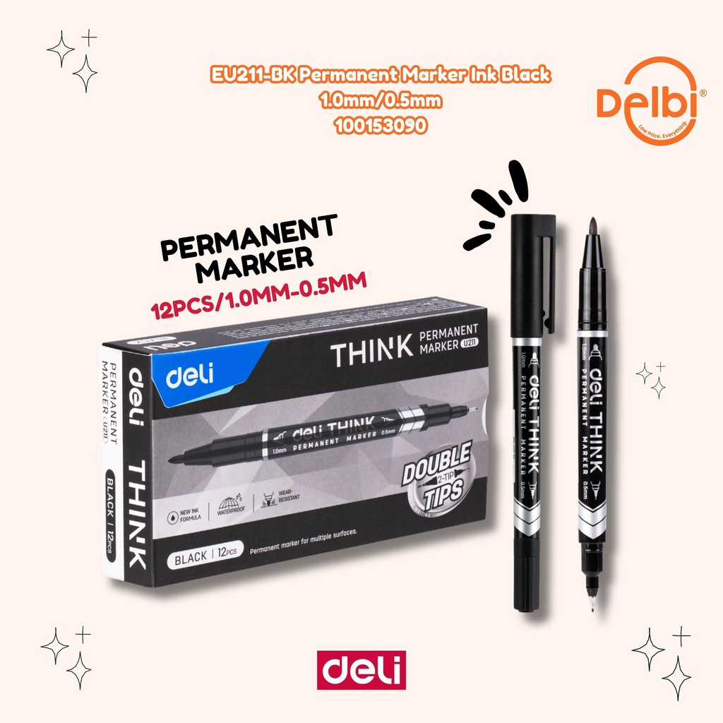 [100153090] DELI EU211-BK Permanent Marker Ink Black 1.0mm/0.5mm SPIDOL BX2 BX12 BX144 BX1728
