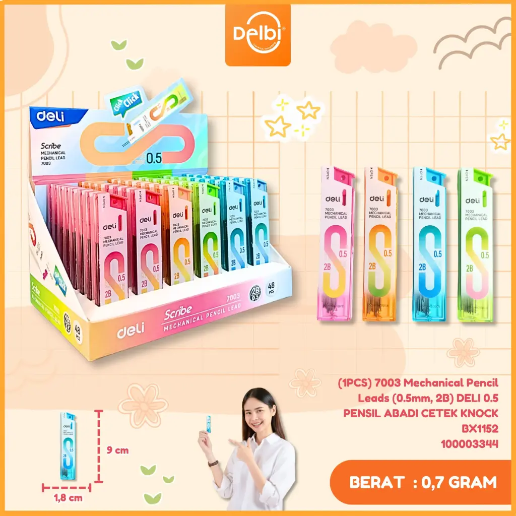 (1PCS) 7003 Mechanical Pencil Leads (0.5mm, 2B) DELI 0.5 PENSIL ABADI CETEK KNOCK BX1152