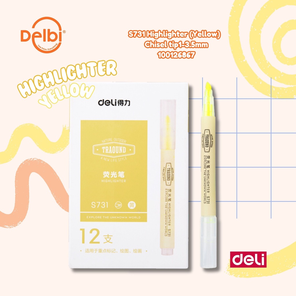S731 Highlighter(Yellow) Chisel tip1-3.5mm DELI HIGHLIGHTER STABILO YELLOW PENANDA TULISAN BX1728 BX12 BX144 BX3
