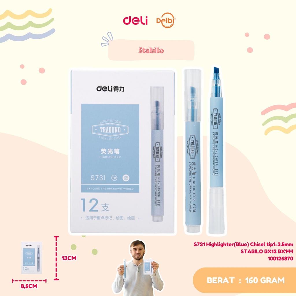 DELI S731 Highlighter(Blue) Chisel tip1-3.5mm STABILO BX12 BX144