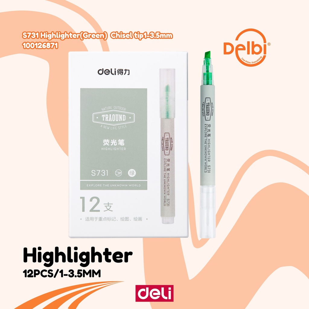 DELI S731 Highlighter(Green) Chisel tip1-3.5mm STABILO BX12 BX144
