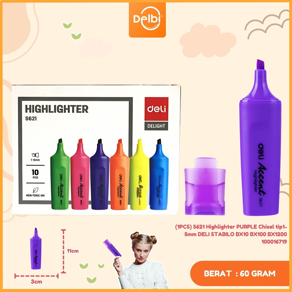 (1PCS) S621 Highlighter PURPLE Chisel tip1-5mm DELI STABILO BX10 BX100 BX1200