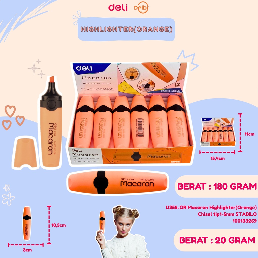 U356-OR Macaron Highlighter(Orange) Chisel tip1-5mm STABILO