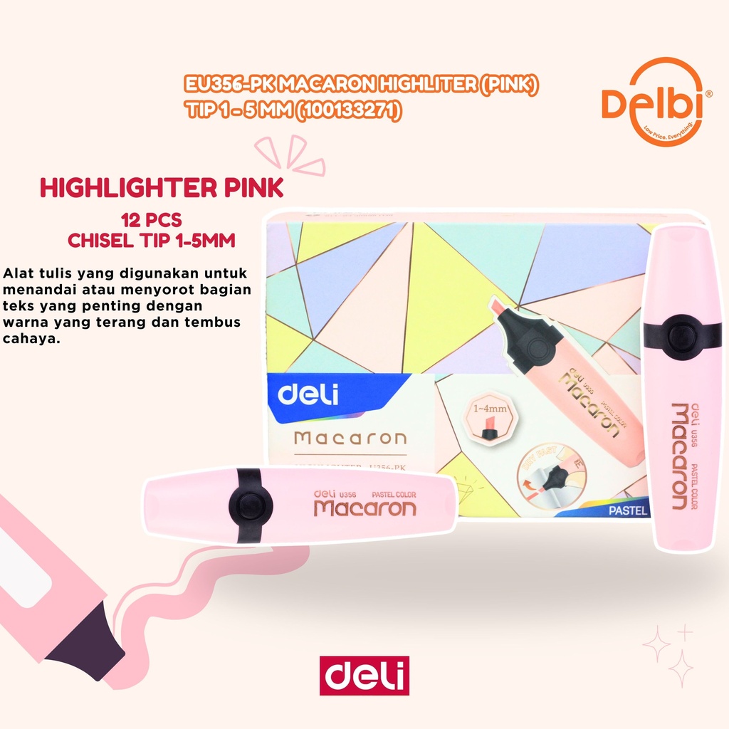 DELI EU356-PK Macaron Highlighter(Pink) Chisel tip1-5mm STABILO BX12 BX96