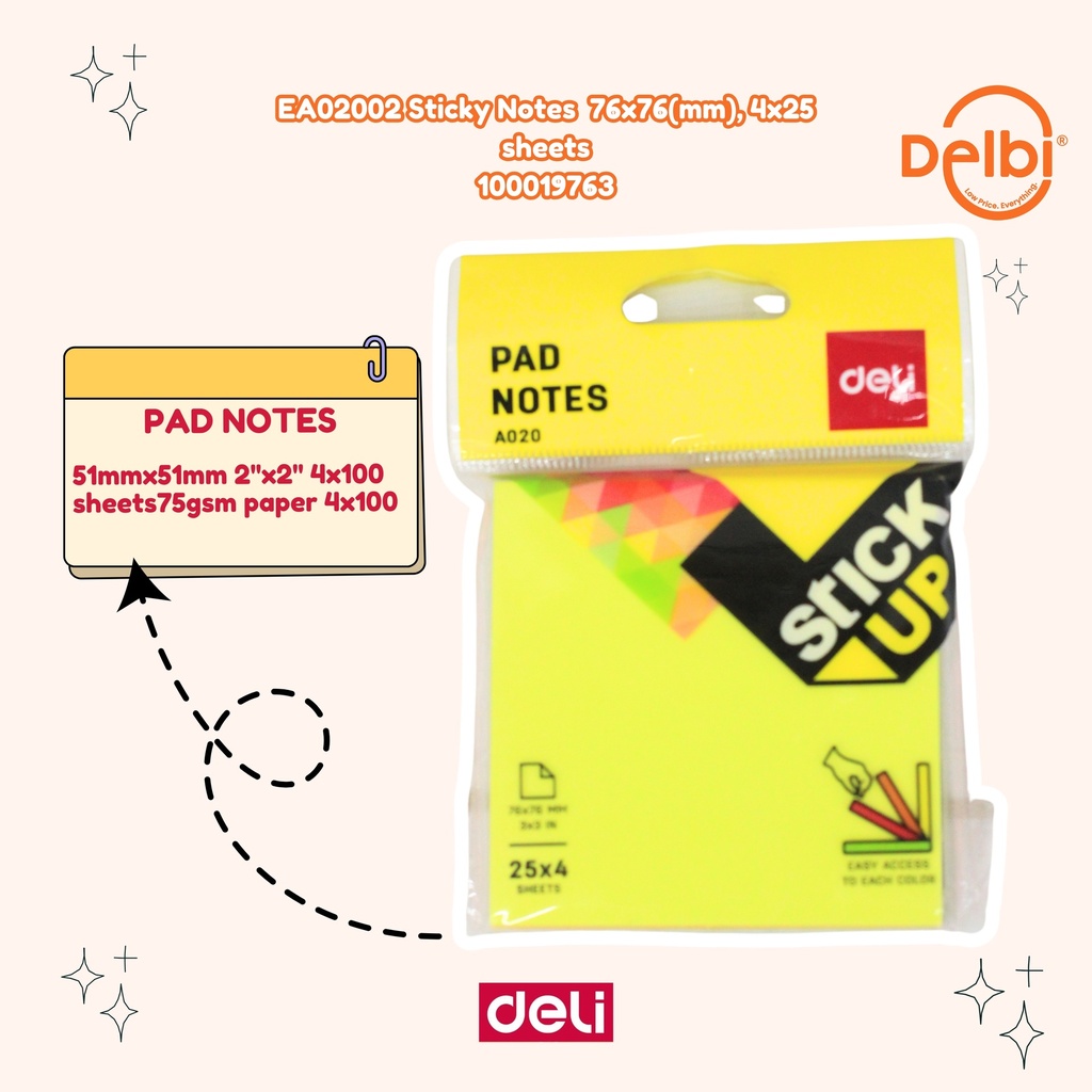 [100019763] DELI EA02002 Sticky Notes 76x76(mm), 4x25 sheets BX12