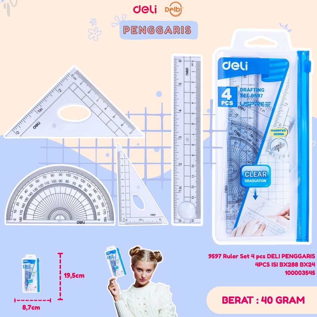 9597 Ruler Set 4 pcs DELI PENGGARIS 4PCS ISI BX288 BX24