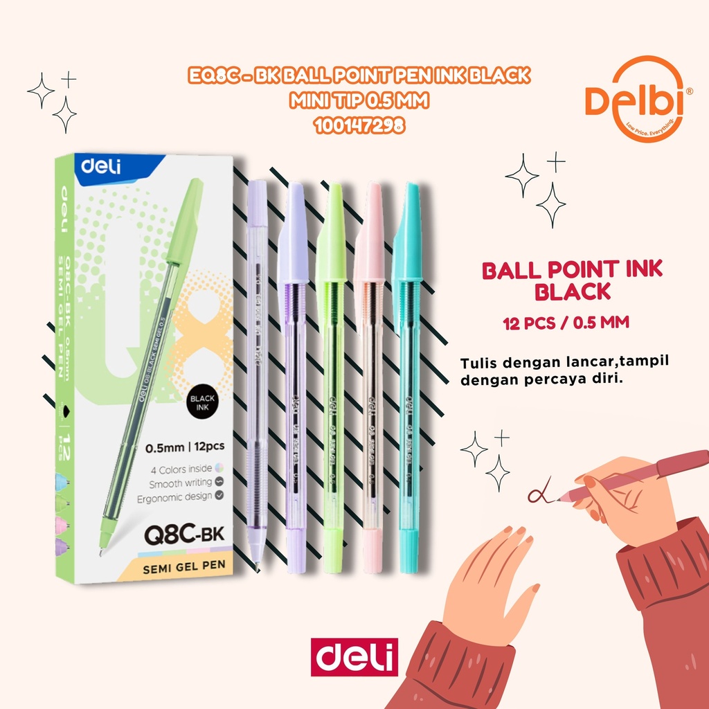 DELI EQ8C-BK Ball Point Pen Ink Black Mini tip 0.5mm BX12 BX144 BX1728