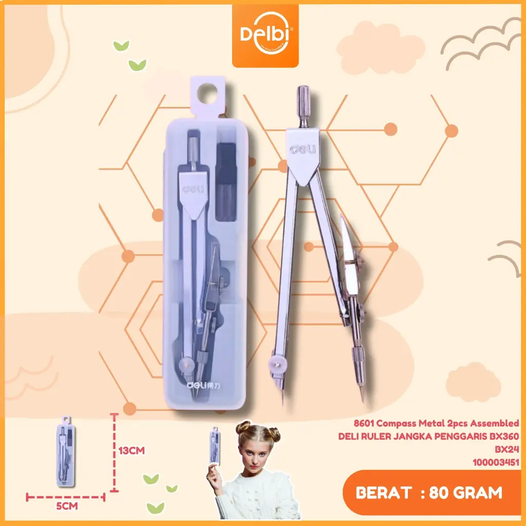 8601 Compass Metal 2pcs Assembled DELI RULER JANGKA PENGGARIS BX360 BX24