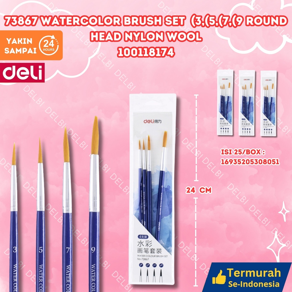 [100118174] 73867 Watercolor Brush Set (3,(5,(7,(9 Round head nylon wool MEWARNAI DELI KUAS BX150 BX25