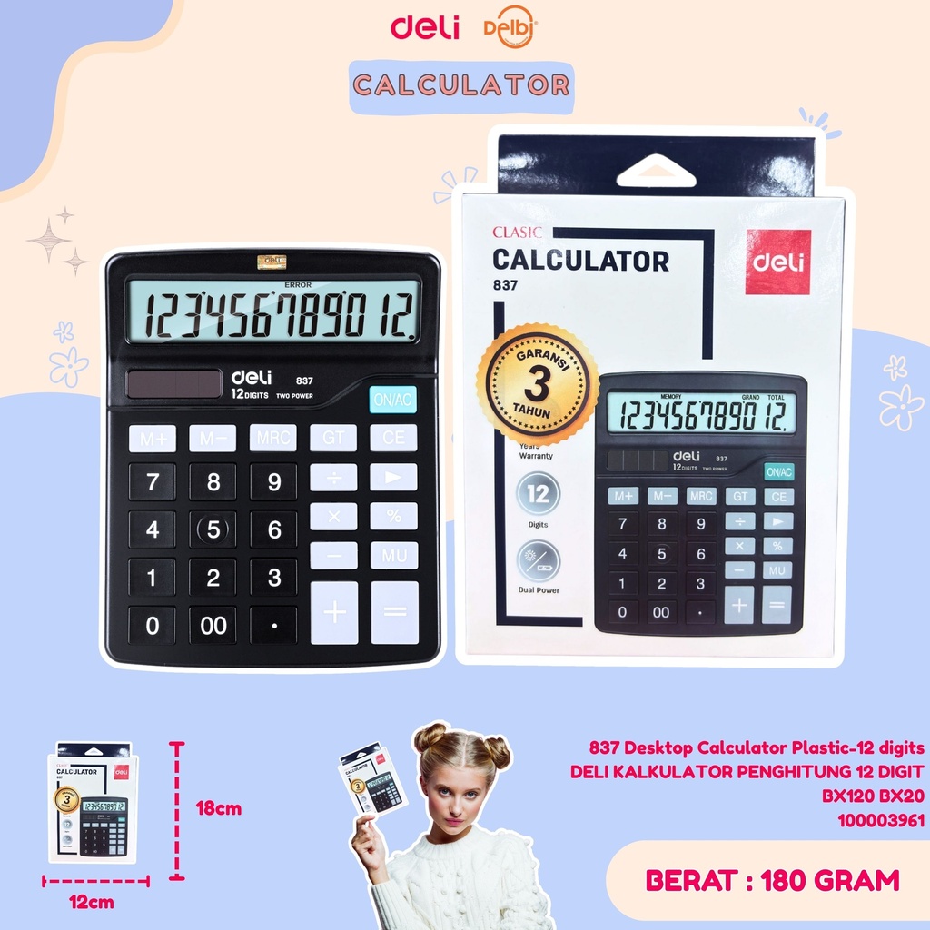 837 Desktop Calculator Plastic-12 digits DELI KALKULATOR PENGHITUNG 12 DIGIT BX120 BX20