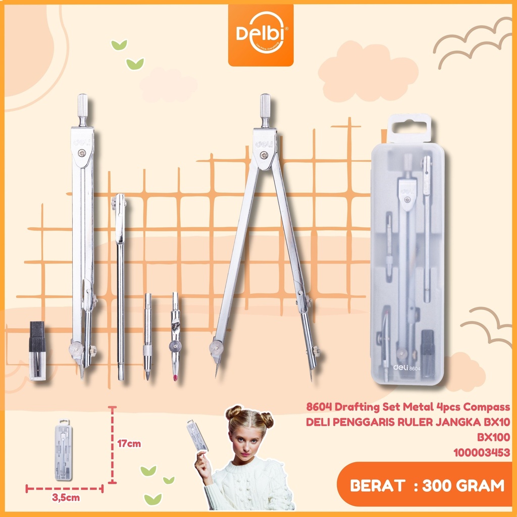8604 Drafting Set Metal 4pcs Compass DELI PENGGARIS RULER JANGKA BX10 BX100