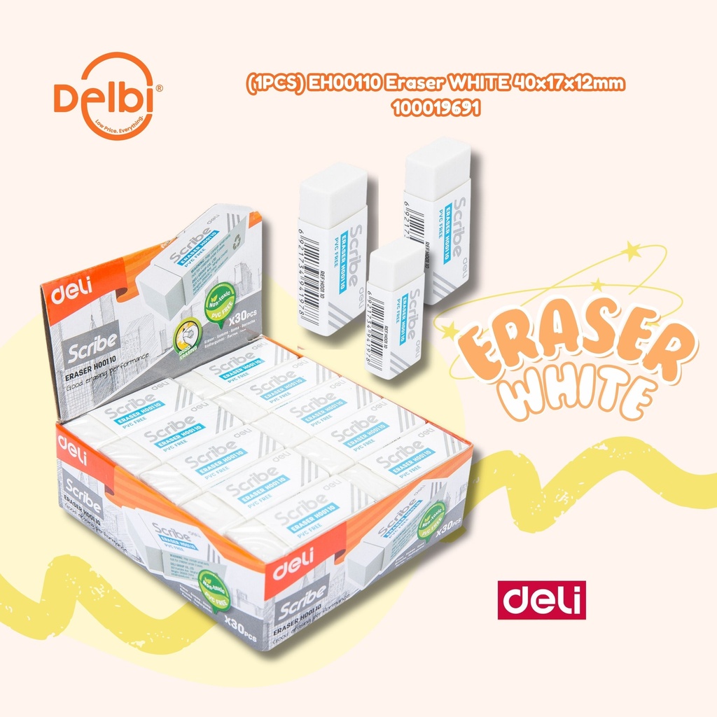 (1PCS) EH00110 Eraser WHITE 40x17x12mm DELI PENGHAPUS BX1080 BX30