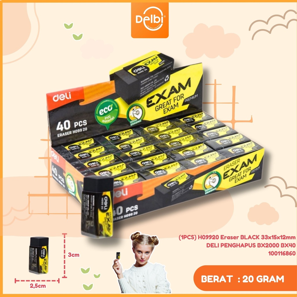 (1PCS) H09920 Eraser BLACK 33x15x12mm DELI PENGHAPUS BX2000 BX40