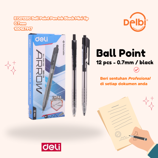 [100127917] EQ01320 Ball Point Pen Ink Black Mini tip 0.7mm BALLPEN DELI BX144 BX1728 BX12 BX3