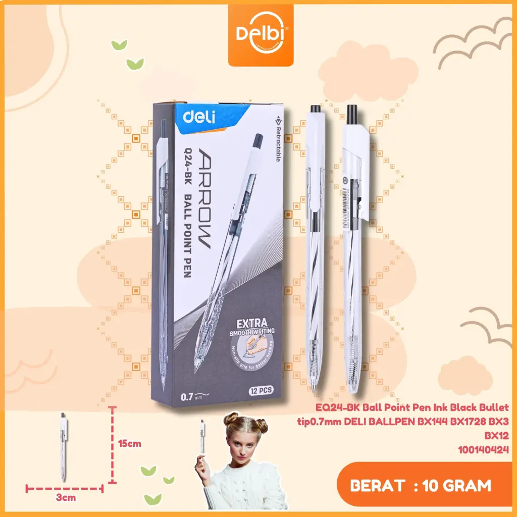 [100140424] EQ24-BK Ball Point Pen Ink Black Bullet tip0.7mm DELI BALLPEN BX144 BX1728 BX3 BX12