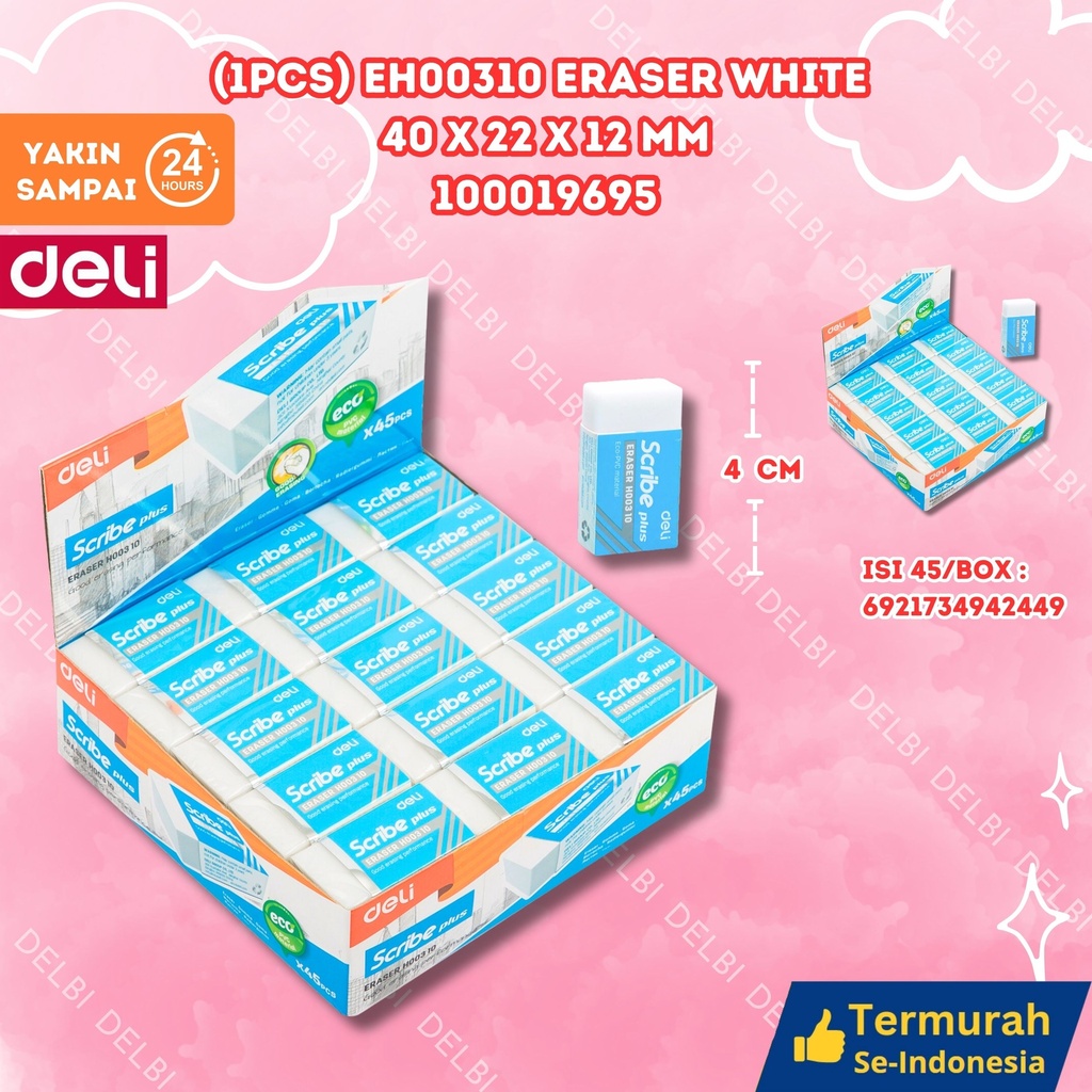 (1PCS) H00310 Eraser WHITE 40x22x12mm PENGHAPUS DELI SETIP BX1080 BX45