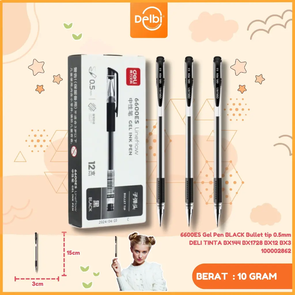 6600ES Gel Pen BLACK Bullet tip 0.5mm DELI TINTA BX144 BX1728 BX12 BX3
