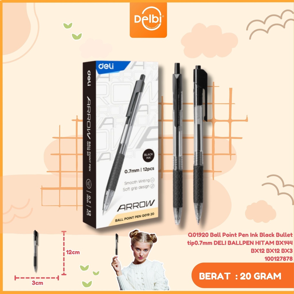 [100127878] Q01920 Ball Point Pen Ink Black Bullet tip0.7mm DELI BALLPEN HITAM BX144 BX12 BX12 BX3