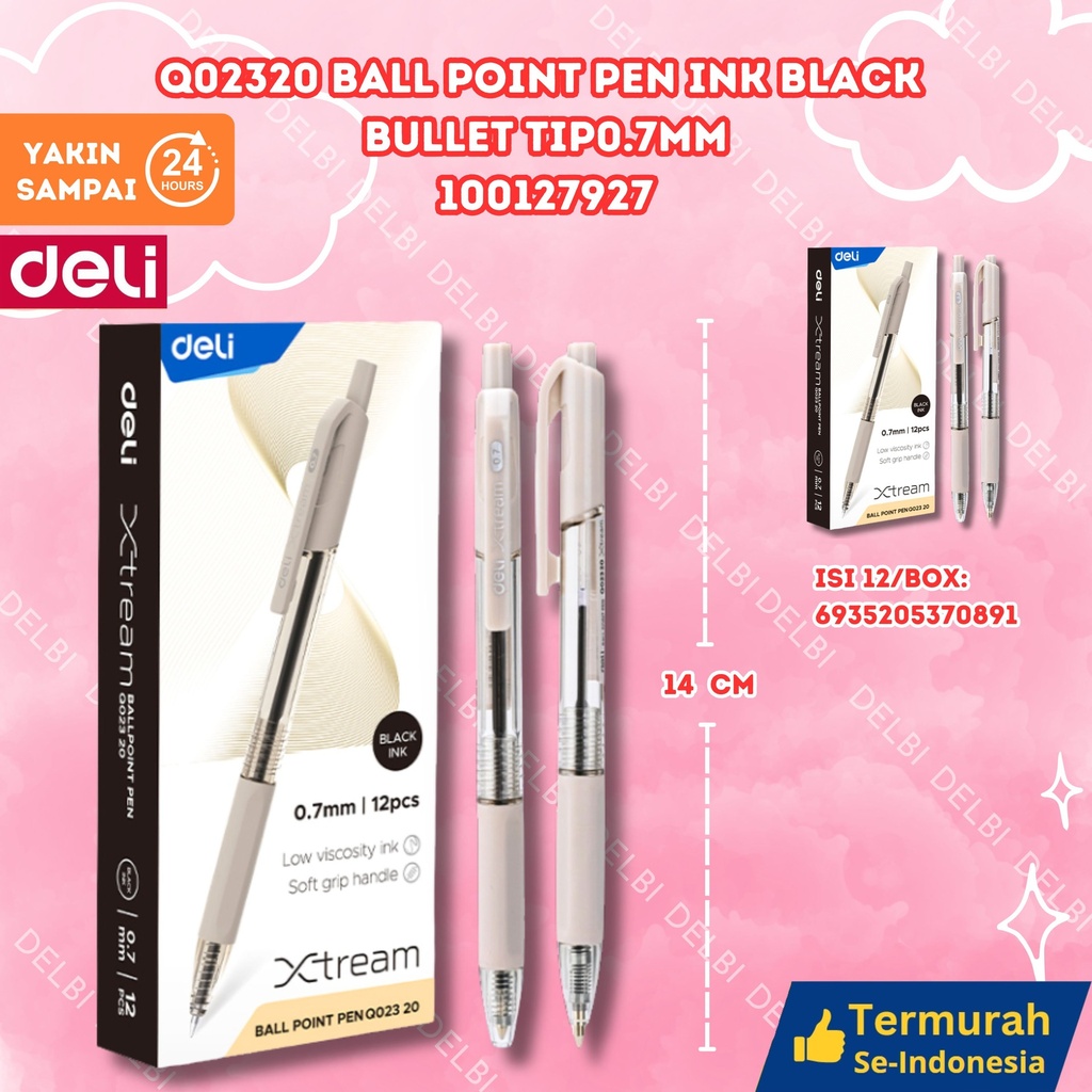 Q02320 Ball Point Pen Ink Black Bullet tip0.7mm DELI BALLPEN HITAM BX144 BX12 BX3