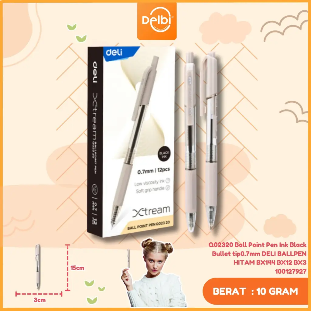 [100127927] Q02320 Ball Point Pen Ink Black Bullet tip0.7mm DELI BALLPEN HITAM BX144 BX12 BX3
