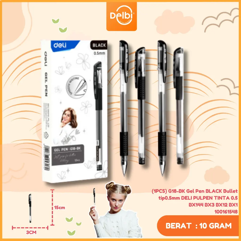 (1PCS) G18-BK Gel Pen BLACK Bullet tip0.5mm DELI PULPEN TINTA 0.5 BX144 BX3 BX12 BX1